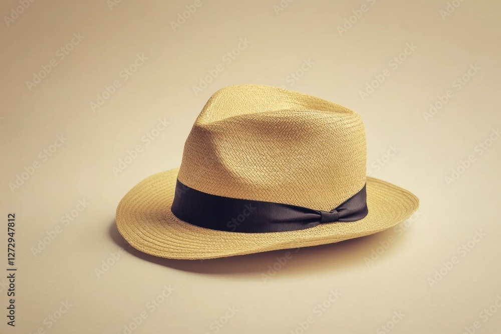 A woven straw hat with a dark ribbon is displayed A woven straw hat with a dark ribbon is displayed