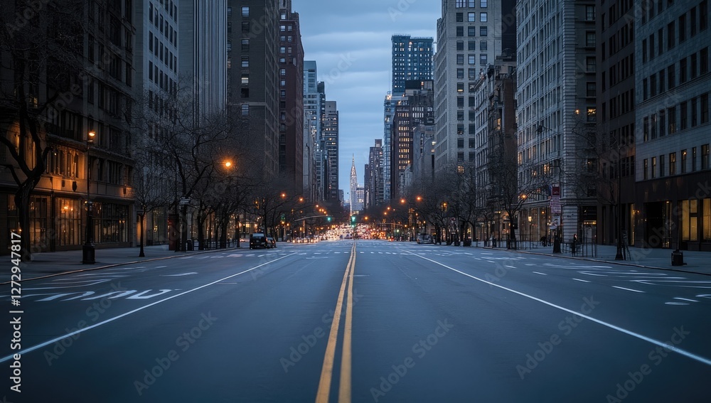 Empty NYC street at dawn, city skyline in background Empty NYC street at dawn, city skyline in background