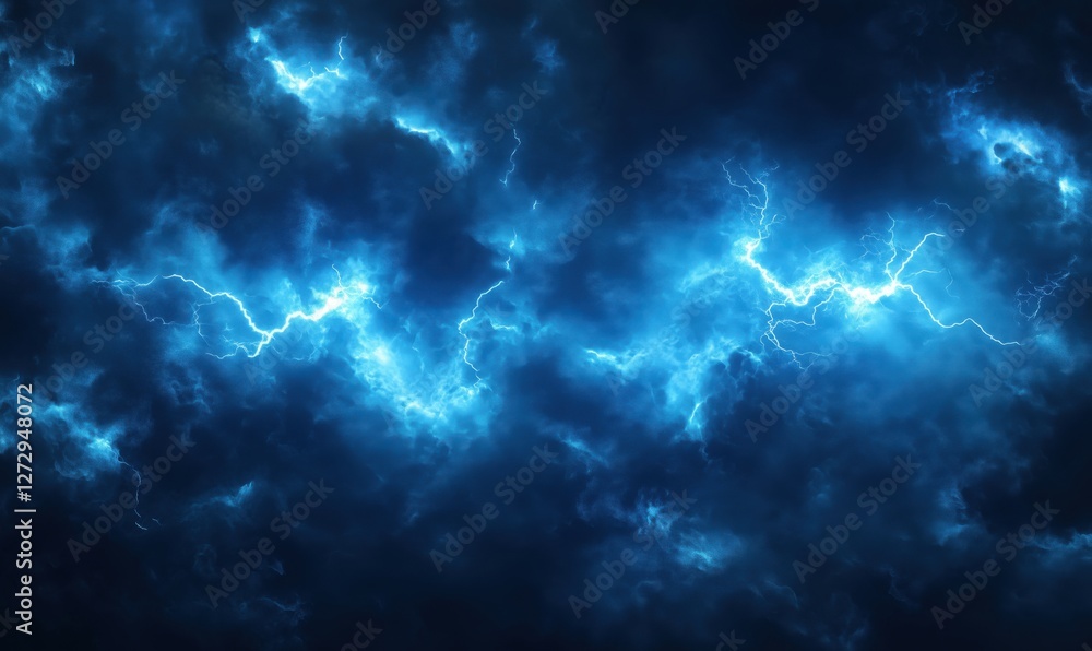 Dramatic blue lightning storm clouds illuminating dark sky Dramatic blue lightning storm clouds illuminating dark sky