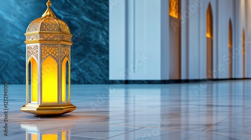 Ornate gold lantern sits on a marble floor indoor