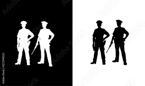 police man silhouette illustration vector design, policeman silhouette black, icon, symbol, art, design, group, solider, white,