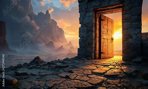 Dystopian Landscape with Door and Light