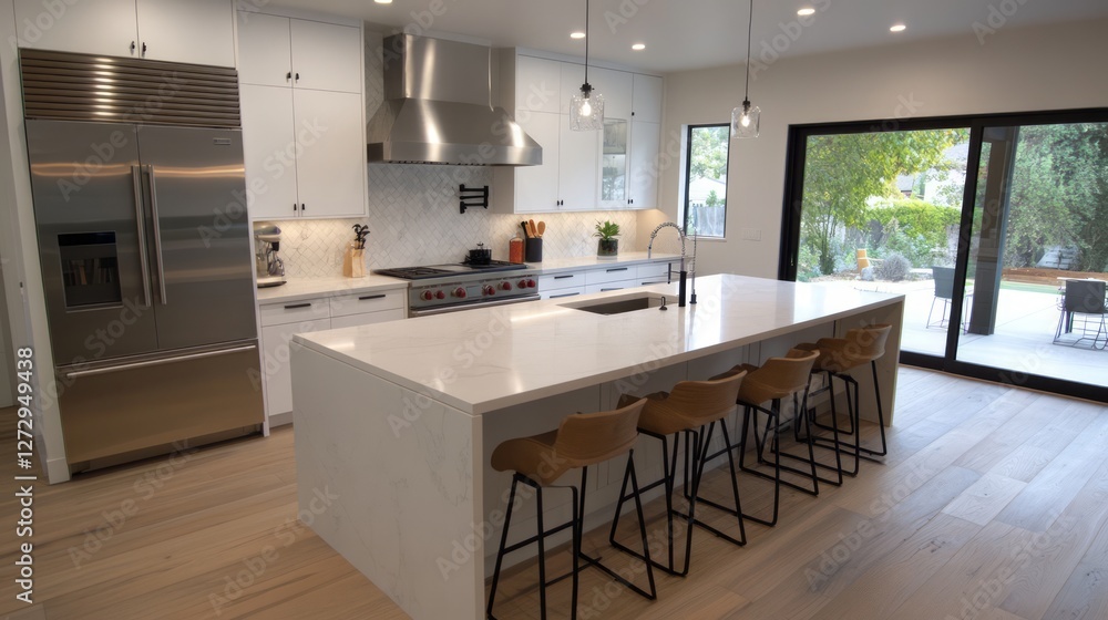 Modern and Spacious Kitchen with Stylish Cabinets, Island Seating, Stainless Steel Appliances, and Abundant Natural Light in a Contemporary Home Design Modern and Spacious Kitchen with Stylish Cabinets, Island Seating, Stainless Steel Appliances, and Abundant Natural Light in a Contemporary Home Design