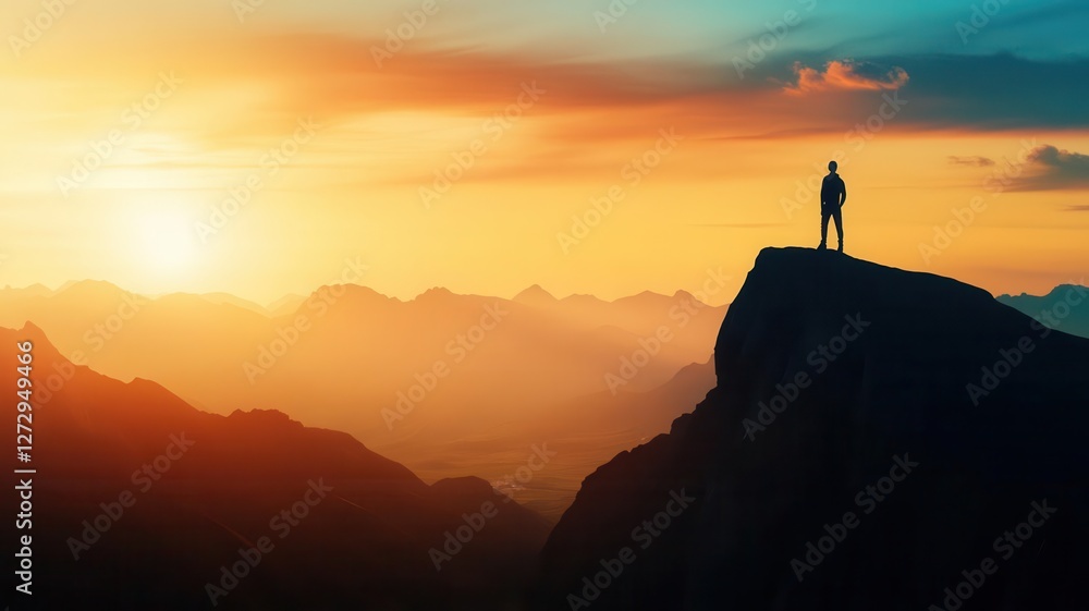 A silhouette of a person stands atop a mountain during sunset, with vibrant colors illuminating the sky and distant peaks. A silhouette of a person stands atop a mountain during sunset, with vibrant colors illuminating the sky and distant peaks.