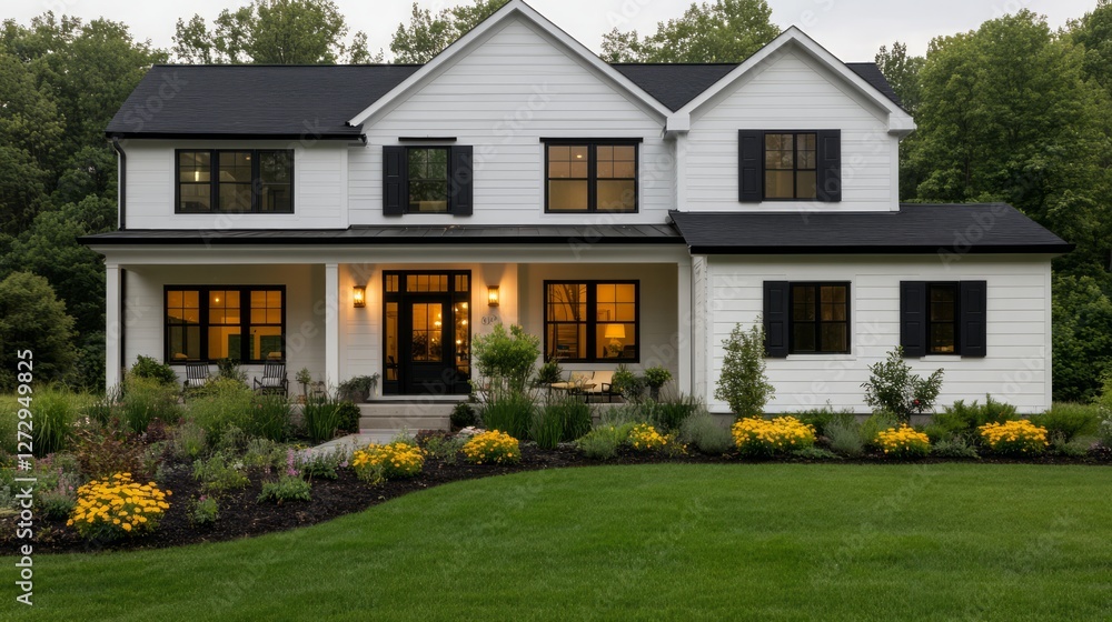 Charming Modern White House Surrounded by Lush Greenery and Vibrant Flowerbeds, Showcasing a Welcoming Front Porch in the Evening Light Charming Modern White House Surrounded by Lush Greenery and Vibrant Flowerbeds, Showcasing a Welcoming Front Porch in the Evening Light