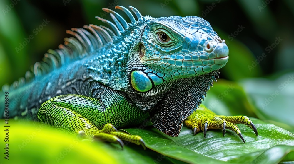 Fototapeta premium A majestic green iguana perched gracefully on a leaf in lush tropical surroundings