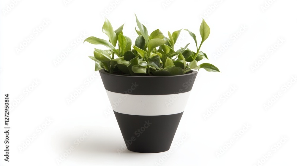 Minimalist black cone matt white planter with plants in it, on a white background, no shadow - greens inside Minimalist black cone matt white planter with plants in it, on a white background, no shadow - greens inside