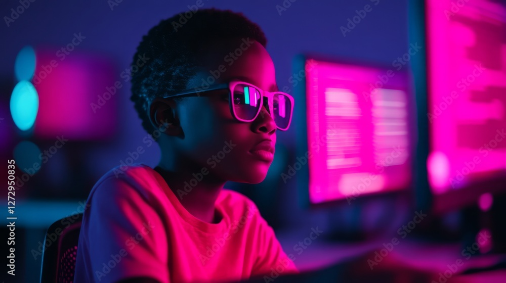 A Young Boy Concentrating on Coding in a Dark Room with Neon Lights and Multiple Monitors, Showcasing the Future of Technology and Learning A Young Boy Concentrating on Coding in a Dark Room with Neon Lights and Multiple Monitors, Showcasing the Future of Technology and Learning