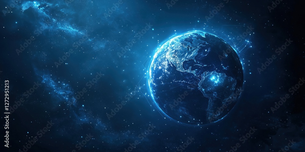 Earth in cosmic space with glowing blue connections and stars in the background Earth in cosmic space with glowing blue connections and stars in the background