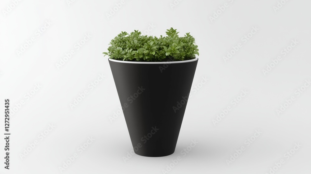 Fototapeta premium Minimalist black cone matt white planter with plants in it, on a white background, no shadow - greens inside