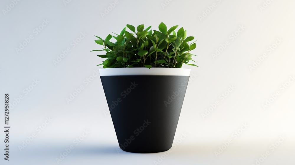 Minimalist black cone matt white planter with plants in it, on a white background, no shadow - greens inside Minimalist black cone matt white planter with plants in it, on a white background, no shadow - greens inside