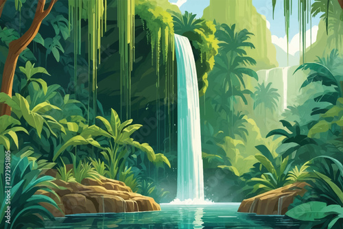 resplendent allure of a cascading waterfall in a verdant oasis, epitomizing