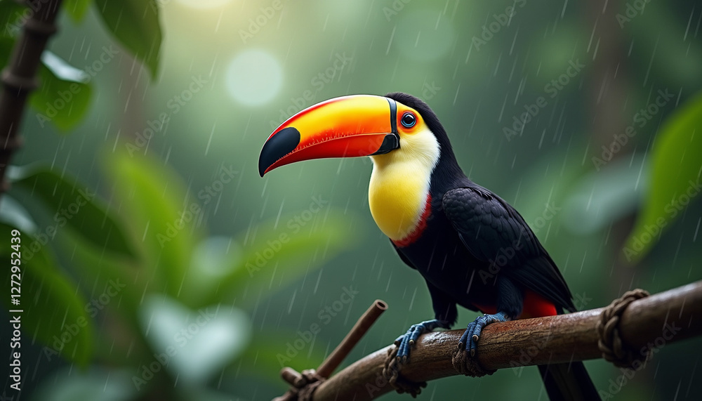 Fototapeta premium Toucan perched on a branch in tropical greenery in the rain