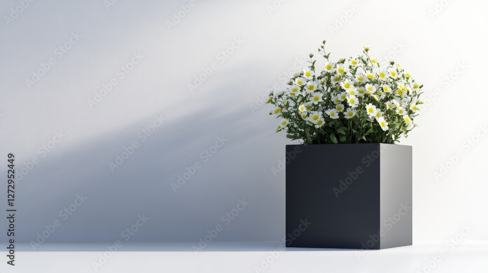 Fototapeta premium Minimalist black cubic matt planter with flowers in it, on a white background, no shadow