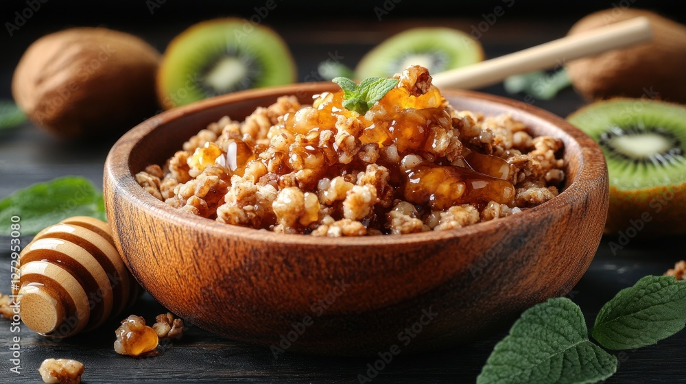 Wooden bowl of granola with honey, kiwi, and nuts Wooden bowl of granola with honey, kiwi, and nuts