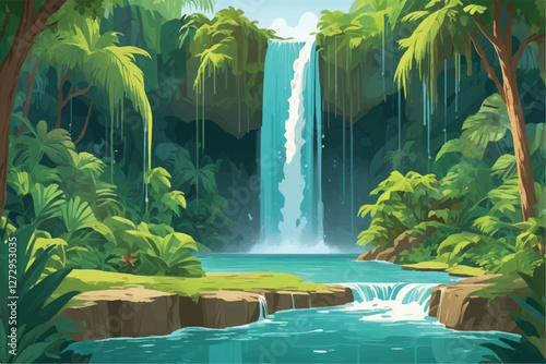 resplendent allure of a cascading waterfall in a verdant oasis, epitomizing