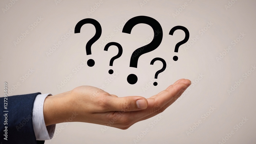 A person holding out their hand with question marks floating above it, indicating they have many questions about something Generative AI A person holding out their hand with question marks floating above it, indicating they have many questions about something Generative AI