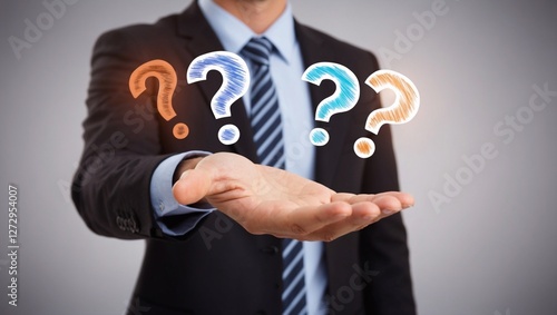 A person holding out their hand with question marks floating above it, indicating they have many questions about something Generative AI
