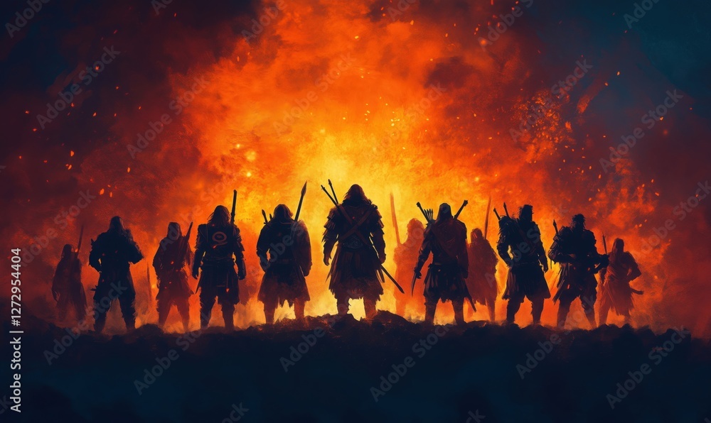 Silhouetted warriors against fiery backdrop in dramatic fantasy scene Silhouetted warriors against fiery backdrop in dramatic fantasy scene