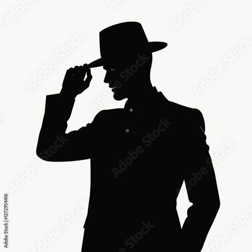 Silhouette of man tipping hat against light background