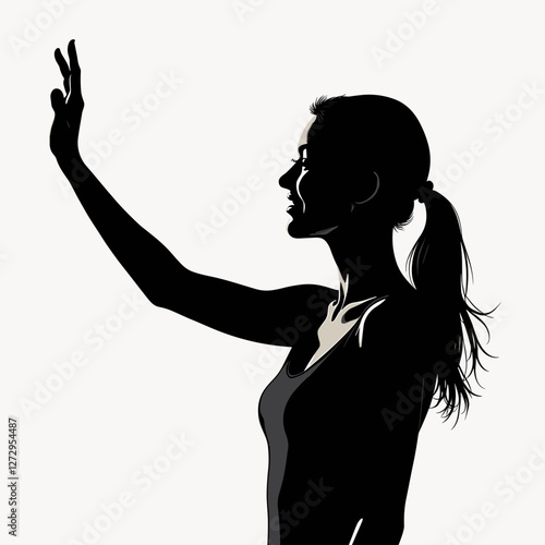 Silhouette of a woman waving joyfully against a light background