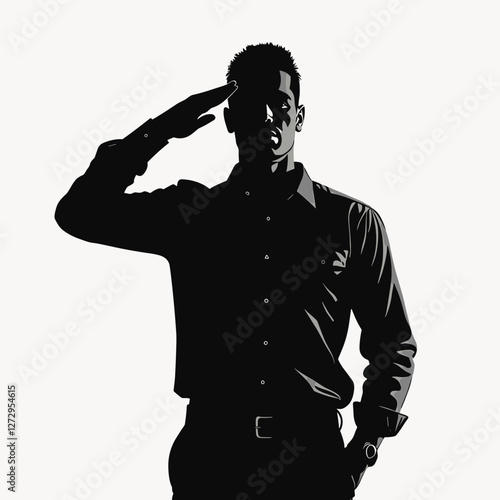 Silhouette of a man saluting against a light background