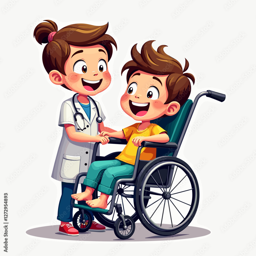 Smiling child in wheelchair with nurse in playful interaction