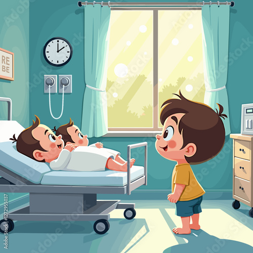 Happy boy meeting newborn twins in hospital room