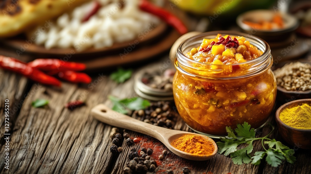 Spicy mango chutney in glass jar with rice and spices on rustic wooden table Spicy mango chutney in glass jar with rice and spices on rustic wooden table