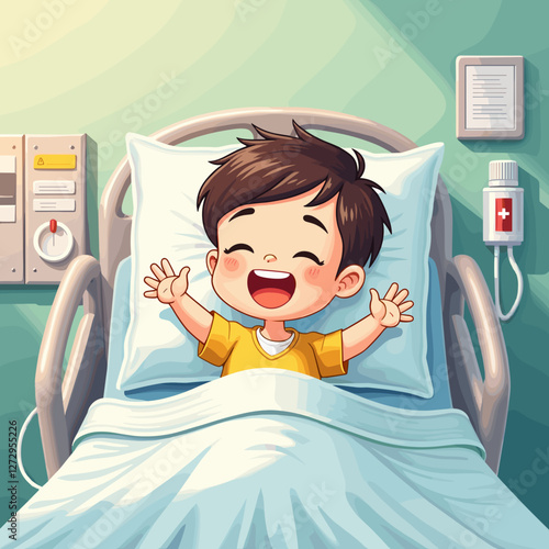 Happy child celebrating recovery in hospital bed