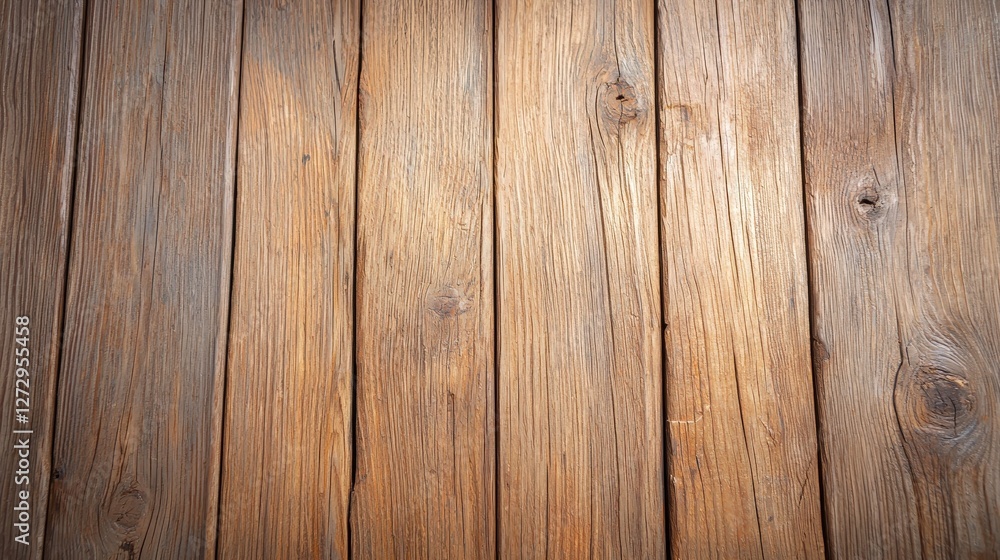 Naklejka premium A close-up view of textured wooden planks, showcasing their natural grain patterns and warm tones.