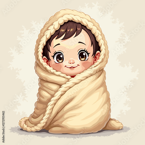 Cute baby smiling in cozy blanket against soft background