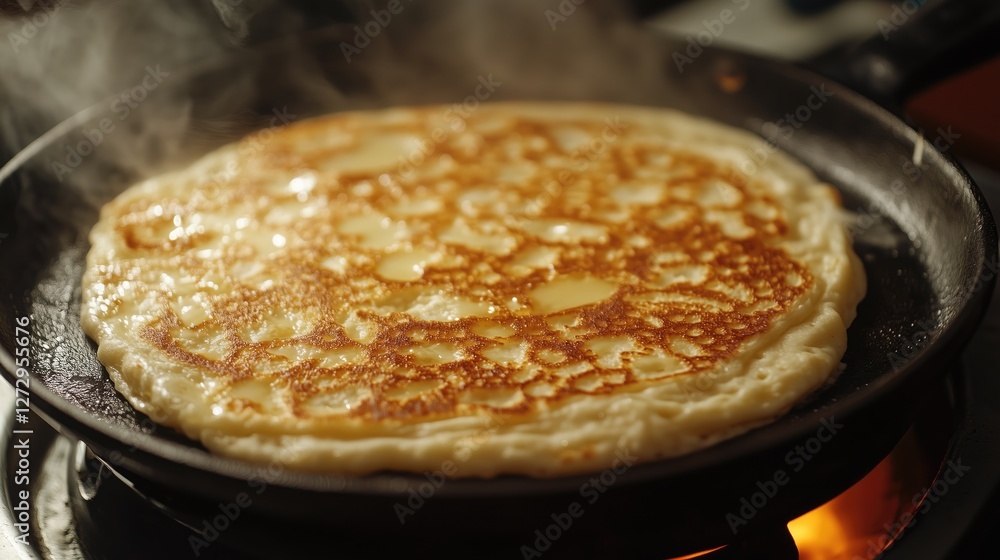 Golden pancake cooking in skillet on stovetop with butter melting