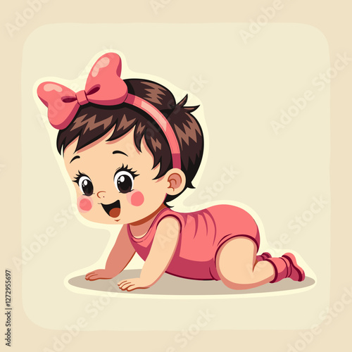 Crawling baby girl smiling on a soft beige background