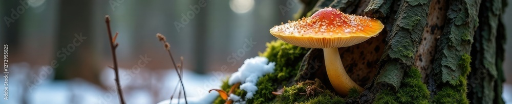 Fototapeta premium Enokitake mushroom growing through the tree trunk in winter, mycelium, forest, bark