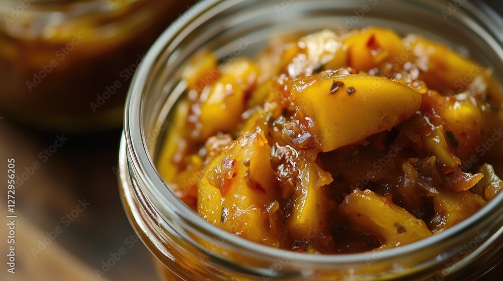 Close-up of spicy mango chutney in a glass jar with visible chunks and seeds Close-up of spicy mango chutney in a glass jar with visible chunks and seeds