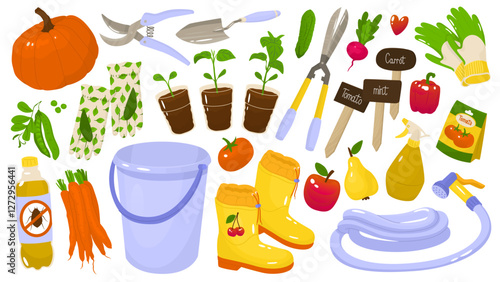 Set of garden tools for planting seedlings. Growing organic products. Farm vegetables and fruits. Agricultural work. Vector illustration isolated on transparent background.