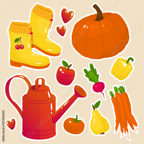 Yellow rubber boots with cherry blossom pattern. Autumn harvest of vegetables and fruits. Watering can for watering farm plants. Funny farmer accessories. Vector illustration