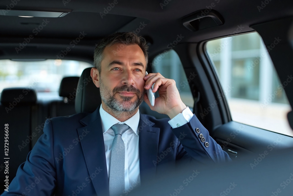 middle aged man in luxury car engaged in phone call suit middle aged man in luxury car engaged in phone call suit