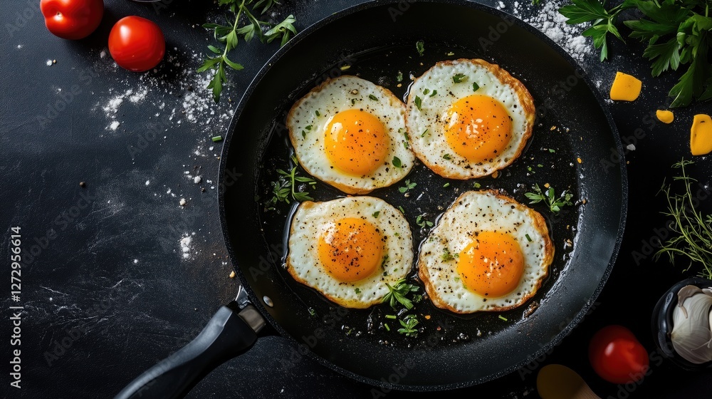 Four sunny side up eggs in skillet with fresh herbs and tomatoes Four sunny side up eggs in skillet with fresh herbs and tomatoes