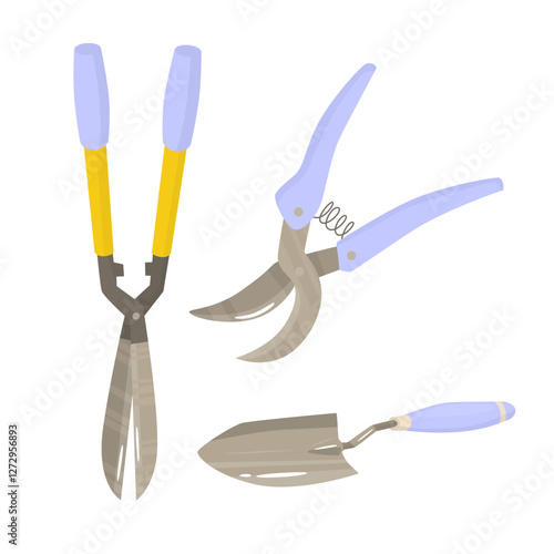 Set of garden tools for planting seedlings. Trimming roots and branches. Bush trimming. Floristic design. Agricultural work. Vector illustration isolated on transparent background.