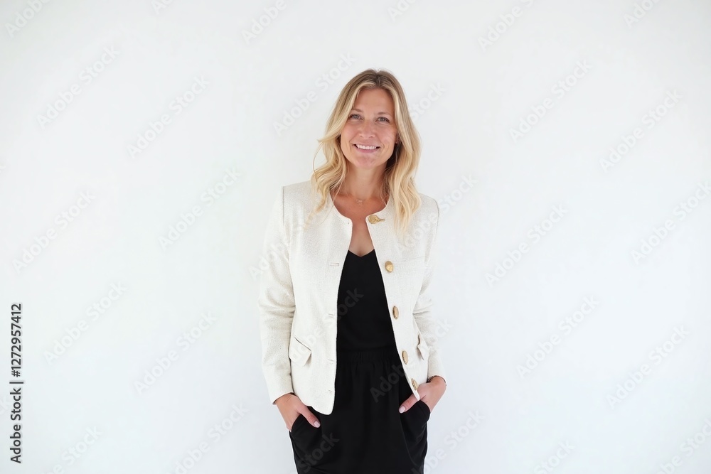 Middle aged woman blonde hair black dress white jacket smile Middle aged woman blonde hair black dress white jacket smile