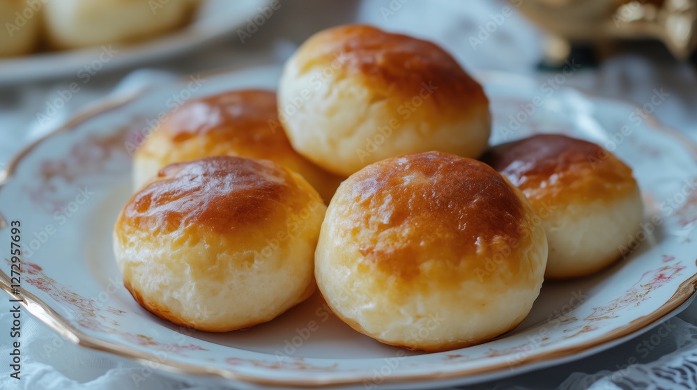 Golden brown dinner rolls on ornate plate Golden brown dinner rolls on ornate plate