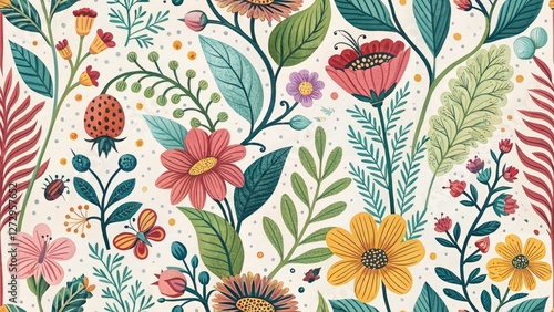 Abstract Spring Garden Doodle Art, Low Light Photography Backdrop, Whimsical Floral Design