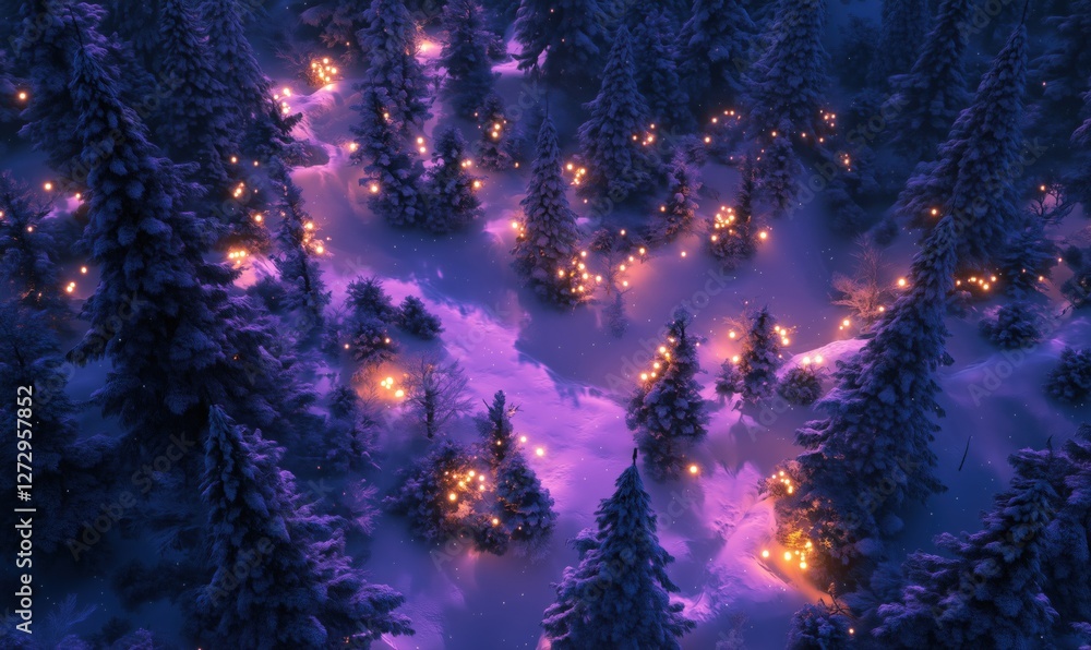 Enchanting winter forest illuminated by glowing lights in a snowy landscape Enchanting winter forest illuminated by glowing lights in a snowy landscape