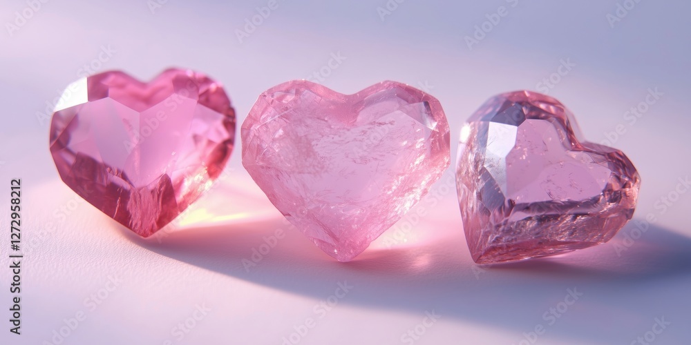 Heart-shaped pink crystals with varying transparency and reflections on soft surface Heart-shaped pink crystals with varying transparency and reflections on soft surface