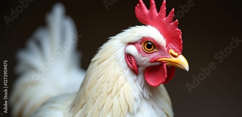 A close-up portrait of a white chicken showcasing its vibrant features, perfect for agriculture, culinary, and farm-related projects.