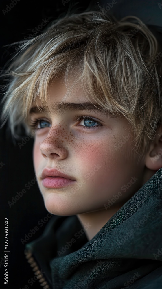 Blonde Teenage Boy Reflecting on Emotions in a Low Light Outdoor Environment. Generative AI Blonde Teenage Boy Reflecting on Emotions in a Low Light Outdoor Environment. Generative AI