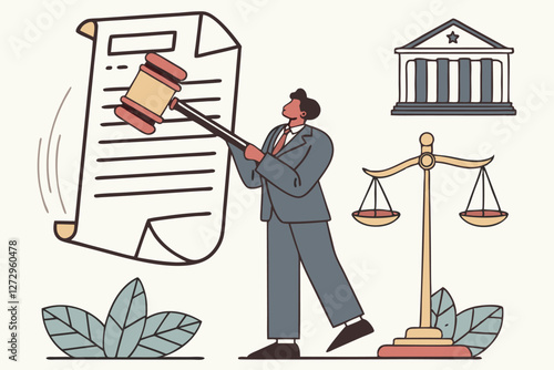 Business concept illustration. Regulations, law or rules, authority, legislation or government lawsuit, legal document justice or courthouse, verdict or punishment concept, businessman hold gavel.