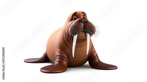 Cute 3D walrus with large tusks and whiskers sitting on a white background